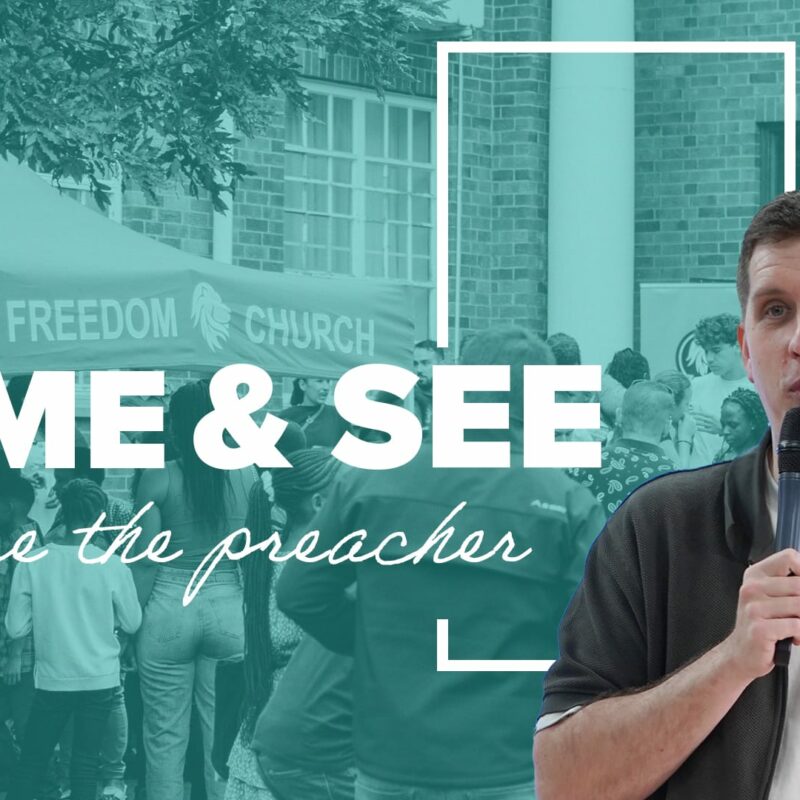 A square podcast cover for a sermon titled "Come & See: You're the preacher." The background is a faded, teal-tinted photo of a crowd of people gathered outside a church entrance. In the foreground, a man with a microphone is speaking. A white, outlined box frames the speaker and the "Come & See" title.