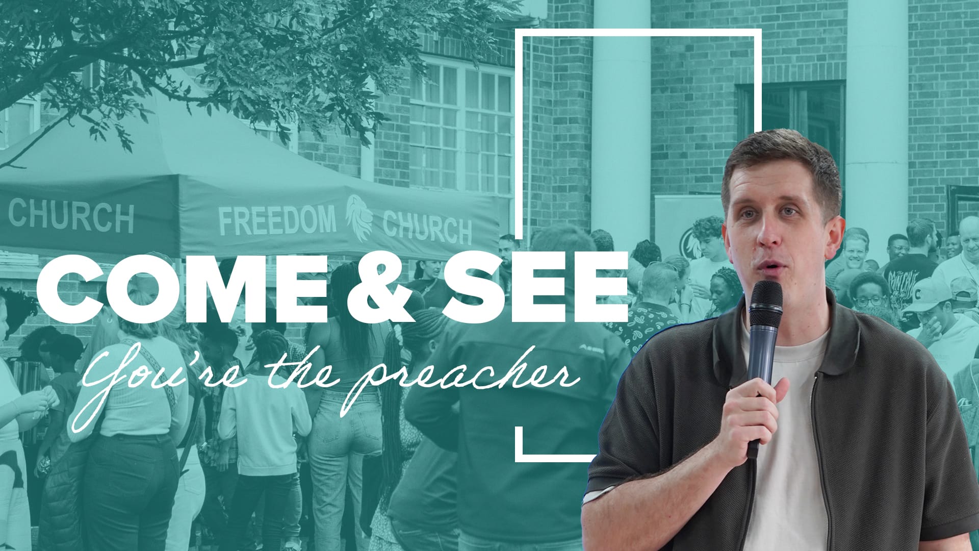 A square podcast cover for a sermon titled "Come & See: You're the preacher." The background is a faded, teal-tinted photo of a crowd of people gathered outside a church entrance. In the foreground, a man with a microphone is speaking. A white, outlined box frames the speaker and the "Come & See" title.