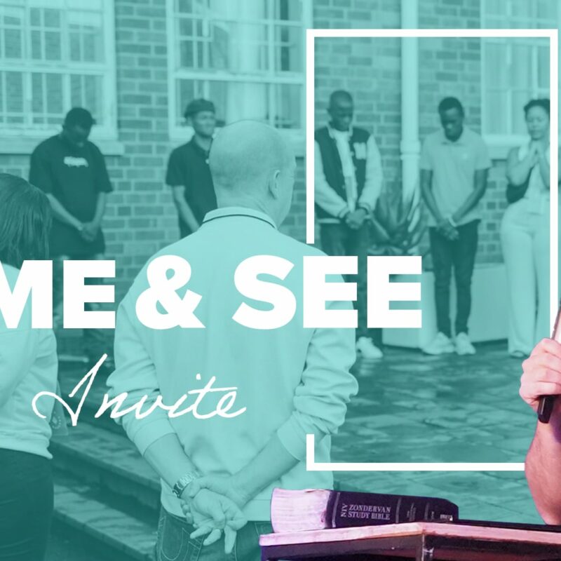 A graphic for a preach recording. The words "COME & SEE" are in large, bold white letters, with the word "Invite" in a flowing white script below. A white square outline is drawn around the text. The background is a cyan-tinted photo of a man speaking into a microphone with a Bible in front of him on a podium, facing a crowd of people.