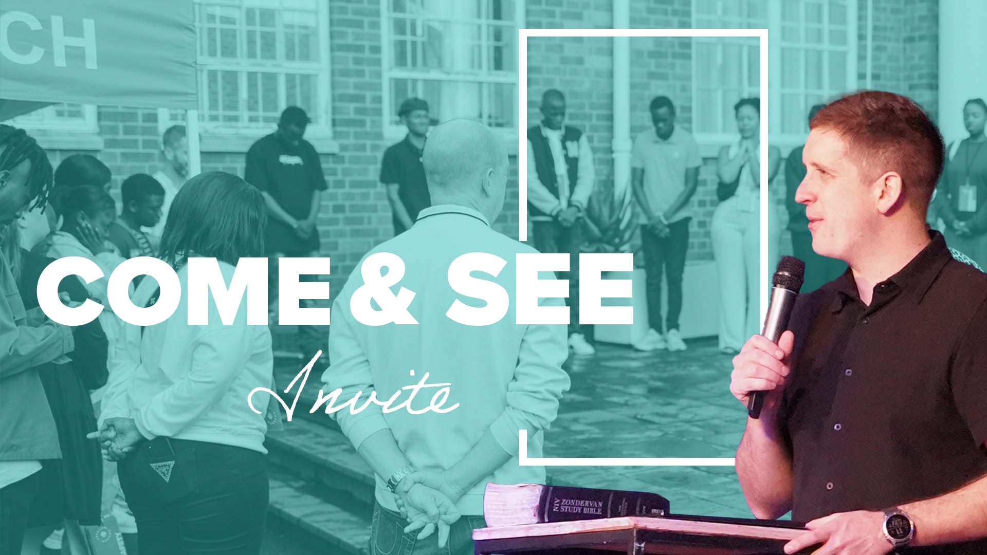 A graphic for a preach recording. The words "COME & SEE" are in large, bold white letters, with the word "Invite" in a flowing white script below. A white square outline is drawn around the text. The background is a cyan-tinted photo of a man speaking into a microphone with a Bible in front of him on a podium, facing a crowd of people.