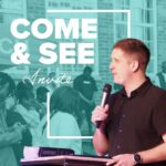Freedom Cape Town A graphic for a preach recording. The words "COME & SEE" are in large, bold white letters, with the word "Invite" in a flowing white script below. A white square outline is drawn around the text. The background is a cyan-tinted photo of a man speaking into a microphone with a Bible in front of him on a podium, facing a crowd of people.