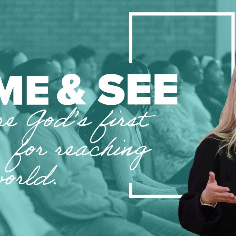 A vibrant teal image featuring a split-screen design. On the left side, the text "COME & SEE" is prominently displayed in a large, bold font, with a smaller, handwritten-style font below it that reads, "You are God's first choice for reaching your world." The background on this side is a blurred image of a seated congregation. On the right side, a portrait of a blonde woman, Pastor Meg Cooke, addressing the audience. She is wearing a black jacket and has a compassionate expression on her face as she gestures with her hands.