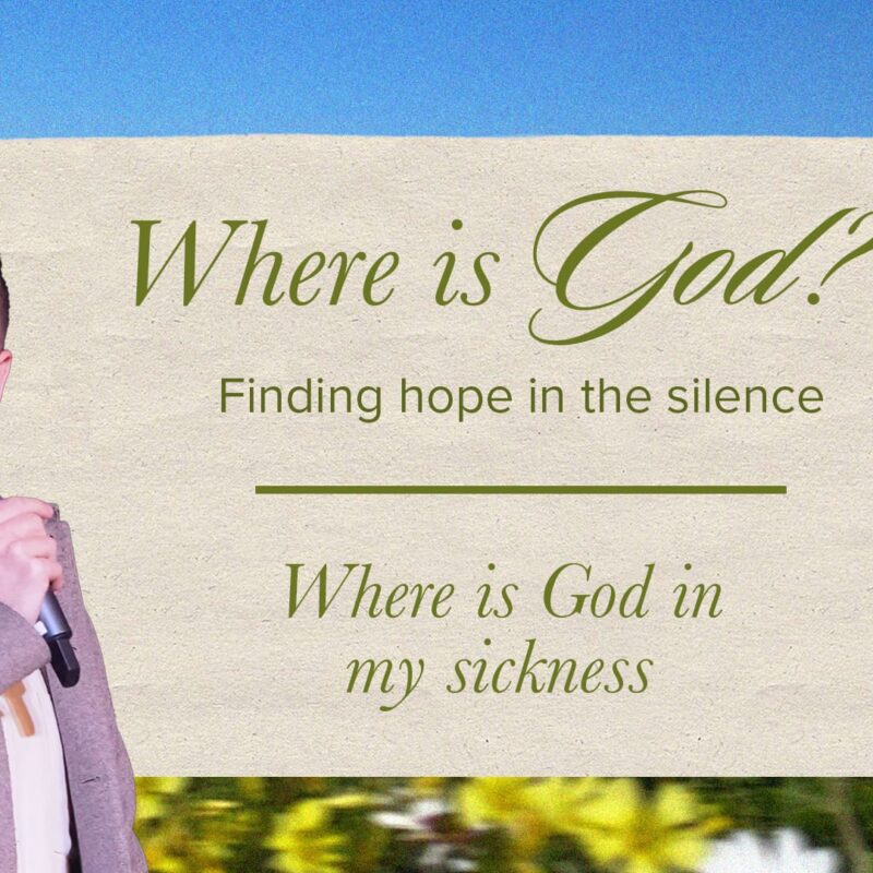 Pastor Josh Cooke speaking into a microphone. The background is a vibrant, sunny field of yellow and white flowers beneath a blue sky. Overlaying the image is a paper slip with a paperclip, containing the text: "Where is God? Finding hope in the silence. Where is God in my sickness."
