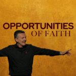 A man with short, styled grey hair and a black collared shirt stands with his arms outstretched, gesturing to his right. He is smiling and looking in the direction he is pointing. Behind him is a textured gold background with the words "OPPORTUNITIES OF FAITH" in dark red capital letters.