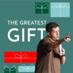 Graphic for a Christmas preach series titled "THE GREATEST GIFT." The image features a man in a brown t-shirt speaking and gesturing forward against a teal background. Behind him is a vertical stack of colourful, stylised Christmas gift box illustrations in red, green, and light blue.