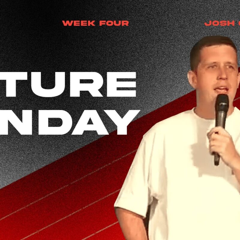 Promotional graphic for "Future Sunday". The image shows Pastor Josh Cooke speaking into a microphone against a background of a red running track with silhouettes of runners. Bold white text on the left reads "FUTURE SUNDAY".