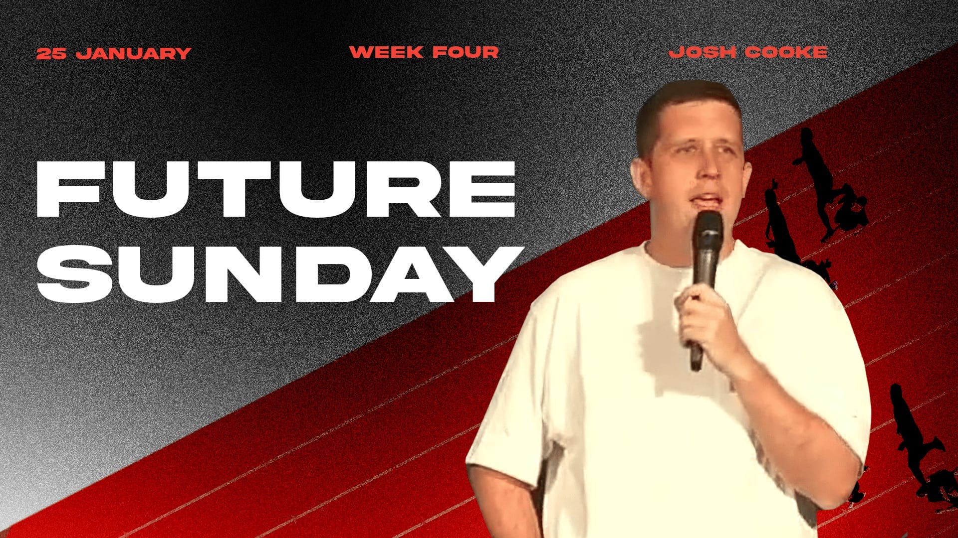 Promotional graphic for "Future Sunday". The image shows Pastor Josh Cooke speaking into a microphone against a background of a red running track with silhouettes of runners. Bold white text on the left reads "FUTURE SUNDAY".