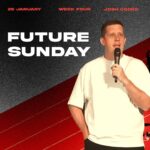 Promotional graphic for "Future Sunday". The image shows Pastor Josh Cooke speaking into a microphone against a background of a red running track with silhouettes of runners. Bold white text on the left reads "FUTURE SUNDAY".