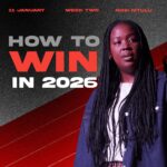 Nosi Mtulu, a young Black woman with long braids wearing a denim jacket over a white shirt. The background is dark grey with a red athletic track running diagonally. Large text on the left reads "HOW TO WIN IN 2026," with the word "WIN" in bold red letters. Top text includes "11 JANUARY," "WEEK TWO," and "NOSI MTULU."