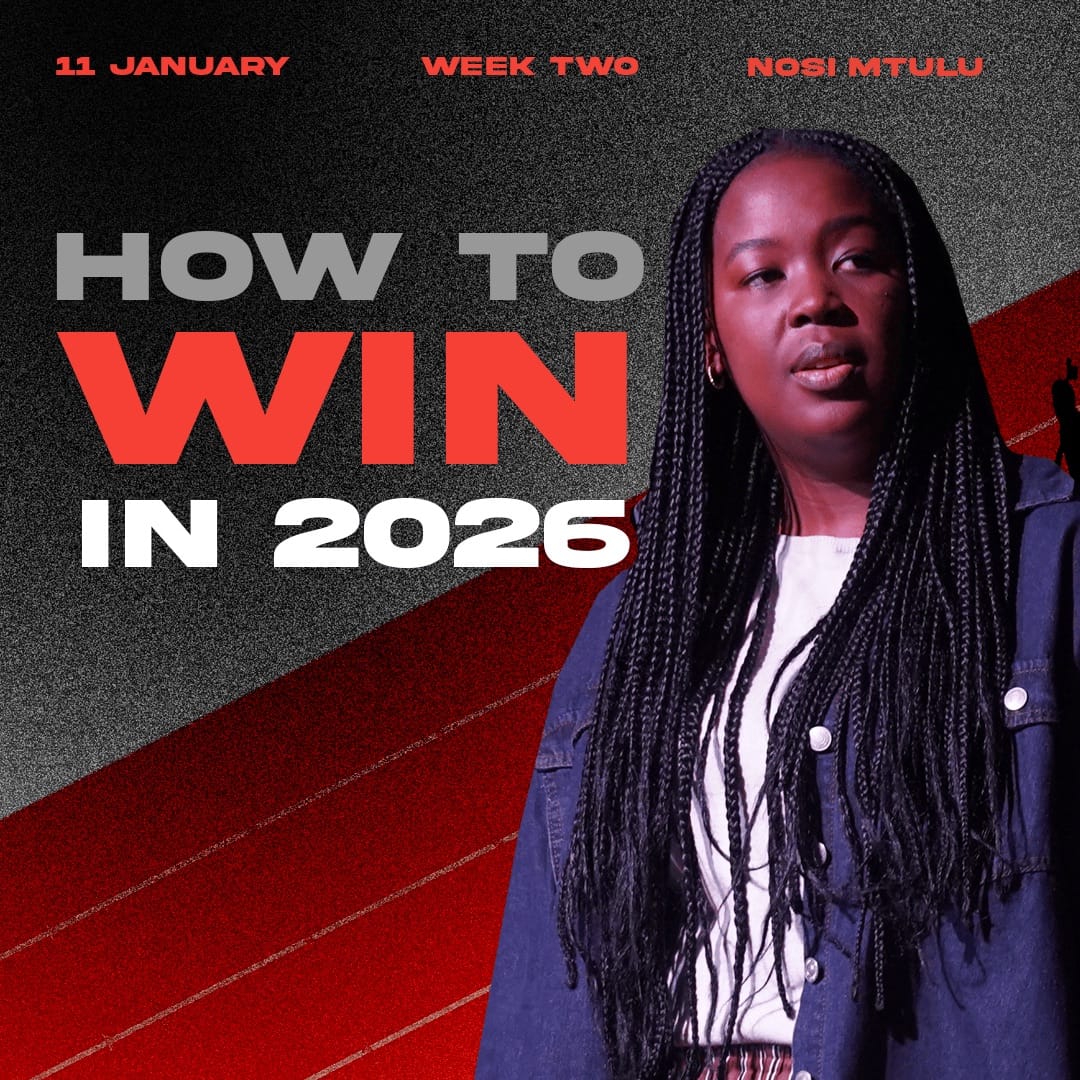 Nosi Mtulu, a young Black woman with long braids wearing a denim jacket over a white shirt. The background is dark grey with a red athletic track running diagonally. Large text on the left reads "HOW TO WIN IN 2026," with the word "WIN" in bold red letters. Top text includes "11 JANUARY," "WEEK TWO," and "NOSI MTULU."