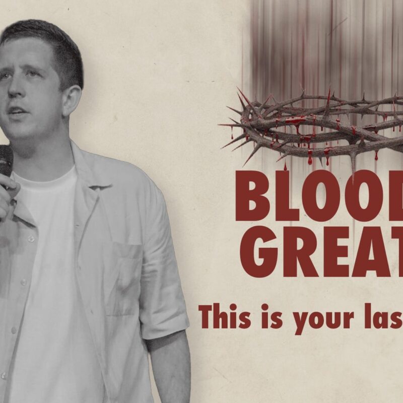 A photograph of Pastor Josh Cooke on the left, shown from the waist up in black and white, holding a microphone and speaking. To his right is a graphic of a crown of thorns dripping with red blood against a neutral, textured background. Large, bold red text reads "BLOOD IS GREATER," followed by smaller red text below that says "This is your last supper".