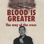 Pastor Josh speaking into a microphone, positioned next to a graphic of a crown of thorns dripping with blood. The text on the right reads "BLOOD IS GREATER" in large red letters, with "The way of the cross" written in a smaller font below it.