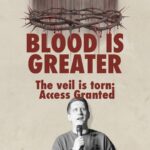 A medium shot of Pastor Josh Cooke speaking during a church service. He is on the left, holding a microphone and looking upward with an expectant expression. On the right, large bold text reads "BLOOD IS GREATER" above the subtitle "The veil is torn; Access Granted". Above the text is a graphic illustration of a crown of thorns with blood dripping from it. The background is a neutral, textured beige.